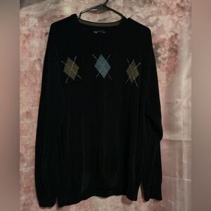 David Taylor Black Crewneck Sweater with Argyle Diamonds